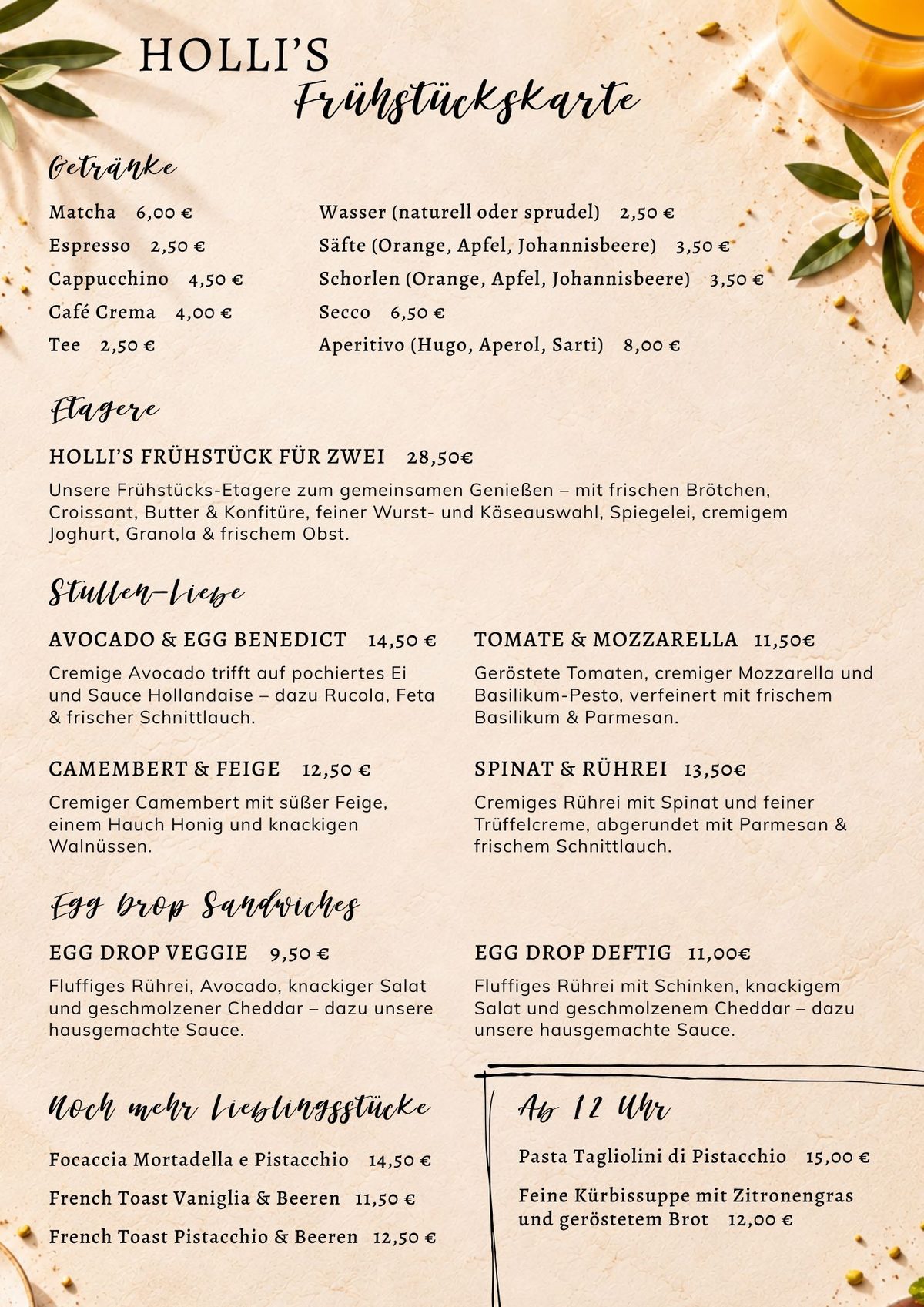 Frühstückskarte der HollisTrattoria in Seligenstadt mit Stullen, Egg Drop Sandwiches, French Toast und Getränken